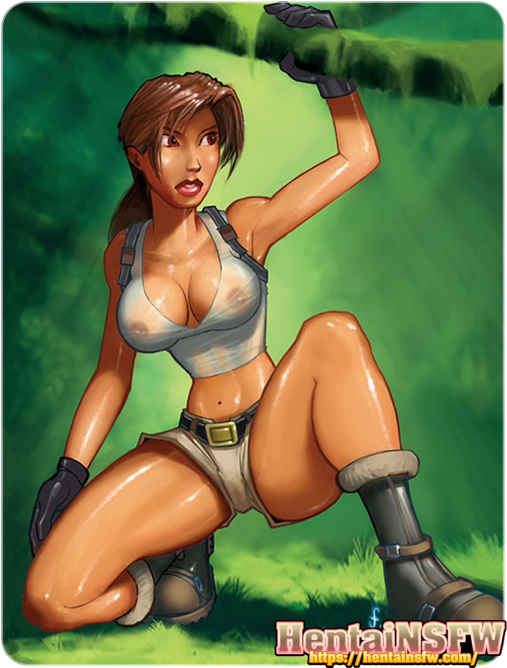 NSFW ecchi oppai hentai gaming porn art of Tomb Raider Lara Croft showing  off big tits in game illustration. - Hentai NSFW