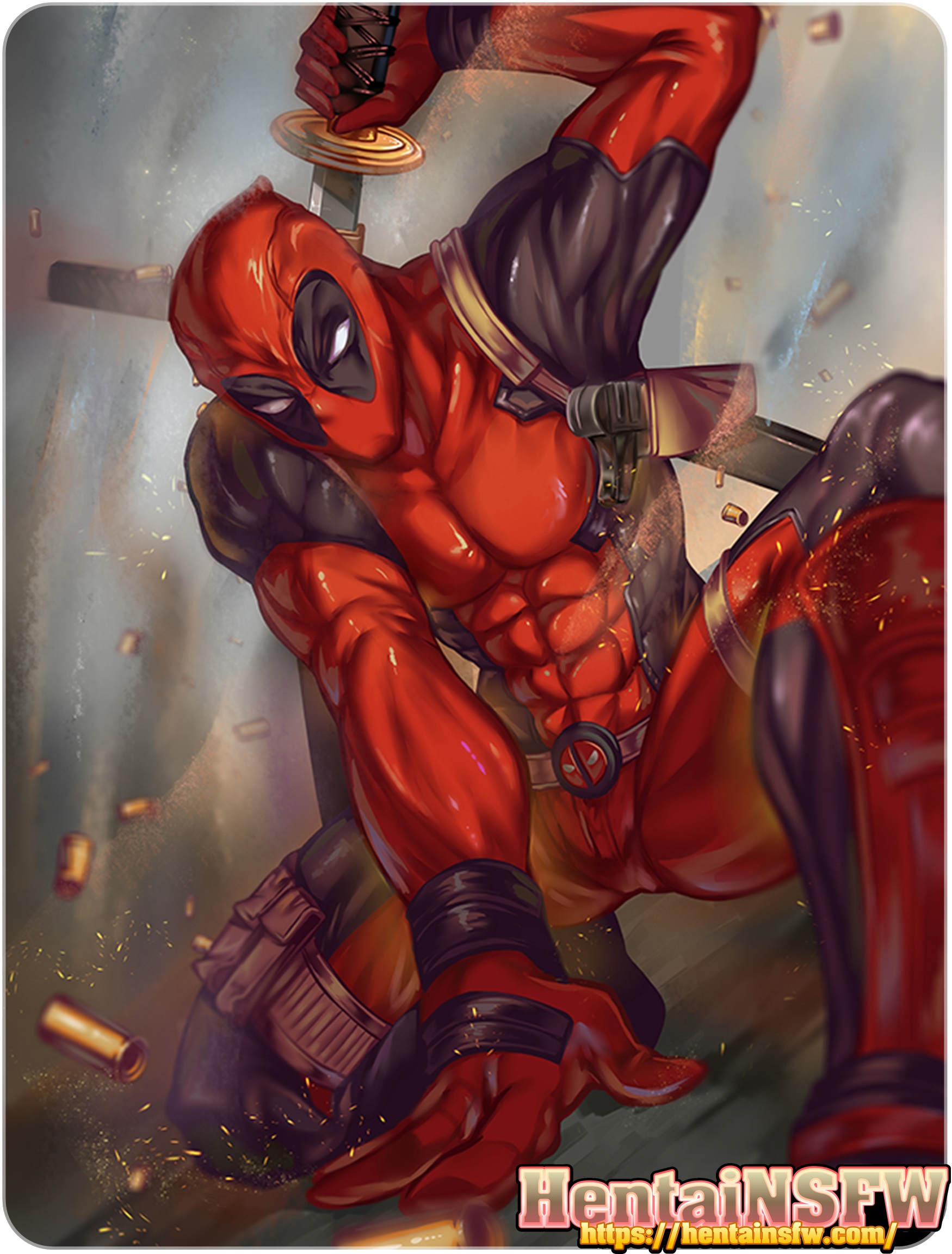 Color Yaoi Hardcore - SFW full color sexy hentai comics parody art of Marvel's X-men Deadpool  with his legs spread wide in fan service illustration. - Hentai NSFW